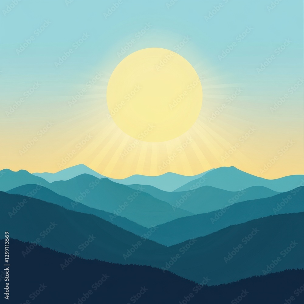 Fototapeta premium A serene sunrise over rolling mountains, casting golden rays across the tranquil landscape.