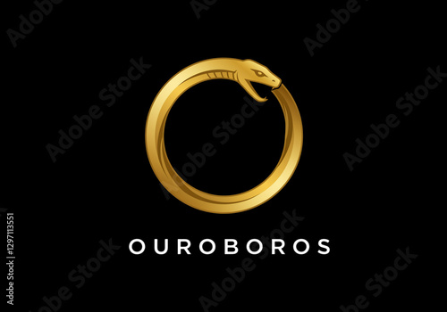 Sleek Gold Ouroboros Logo on Black Background - Modern Design of a Snake Eating its Tail with 