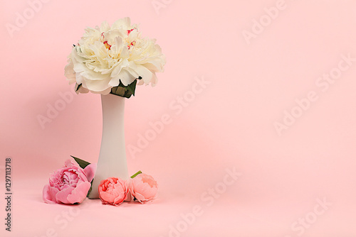 Wallpaper Mural Fresh peonies in vase on sunny background.Banner for congratulations on Mother's Day, wedding, Women's Day, birthday.Abstract floral arrangement,Minimal modern aesthetic,elegant beauty concept Torontodigital.ca