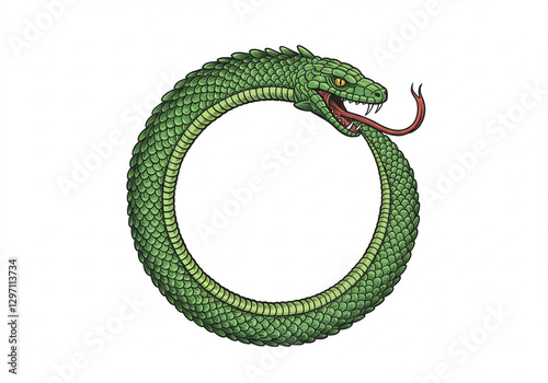 Ouroboros: The Eternal Serpent - Detailed Illustration of a Green Snake Eating its Own Tail, Symbol of Cycle, Infinity, and Rebirth on a White Background