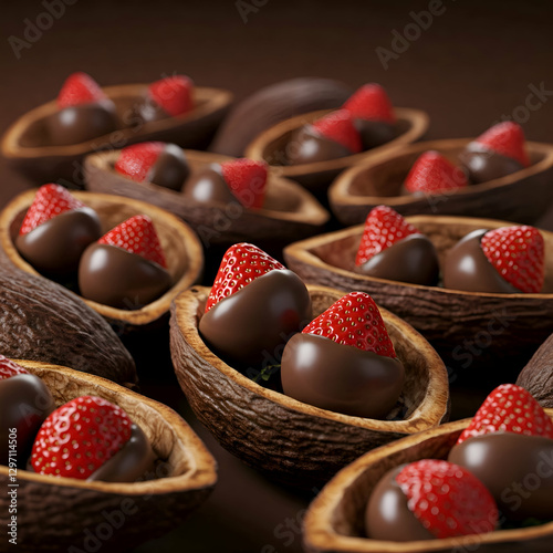 A magical display of chocolate-dipped strawberries nestled inside open cocoa pods, as if they had naturally grown within the chocolate itself. The fusion of fruit and chocolate appears completely orga photo