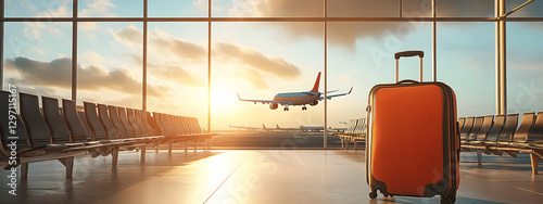 An airport scene with travel suitcases and an airplane in the background
