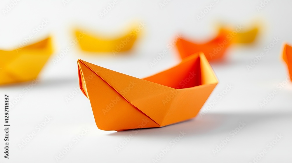 An orange paper boat standing out among others on a white background representing leadership An orange paper boat standing out among others on a white background representing leadership