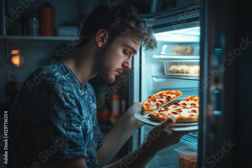 Young man is taking leftover pizza slices from the refrigerator for a midnight snack