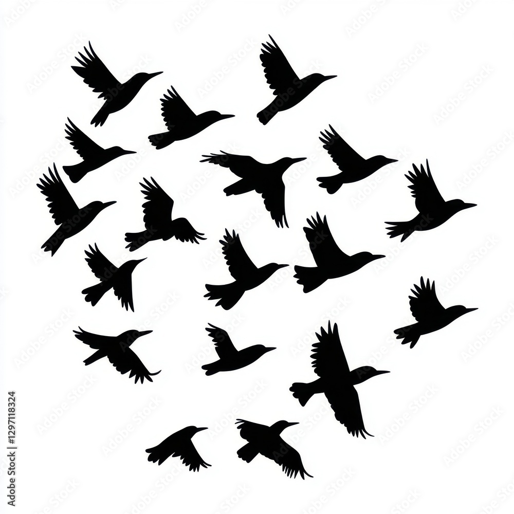 Silhouette of various birds in flight against a white background, creating a dynamic scene of nature. Silhouette of various birds in flight against a white background, creating a dynamic scene of nature.