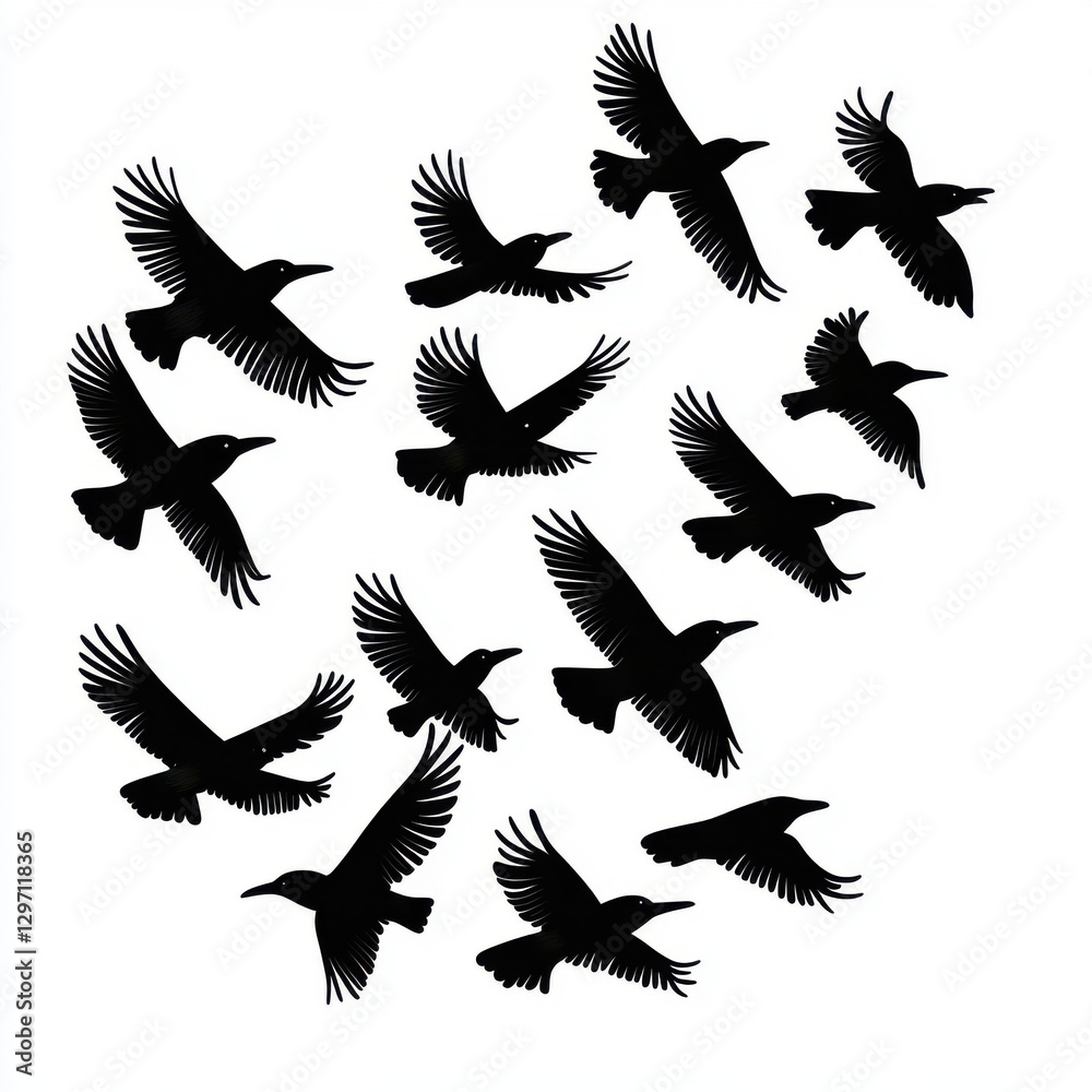 A flock of black birds soaring gracefully in various positions against a white backdrop.