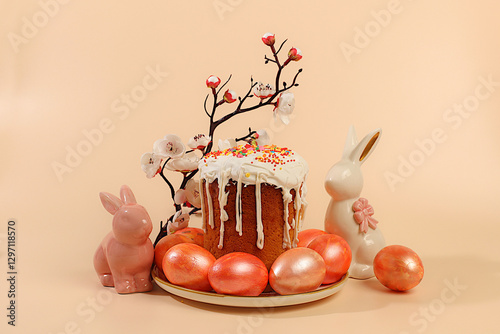 Wallpaper Mural Happy Easter concept.Abstract Easter composition,background.Holiday card with traditional Russian kulich with meringue and decorated with colorful marble eggs.Preparation for the holiday Torontodigital.ca