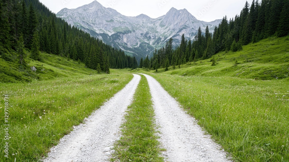 Fototapeta premium Mountain valley road through grassy meadow, peaceful landscape, potential for hiking or scenic drive, tranquil view