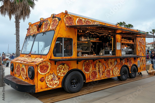 Fototapeta Naklejka Na Ścianę i Meble -  Orange pizza food truck serving customers near the beach on a sunny day