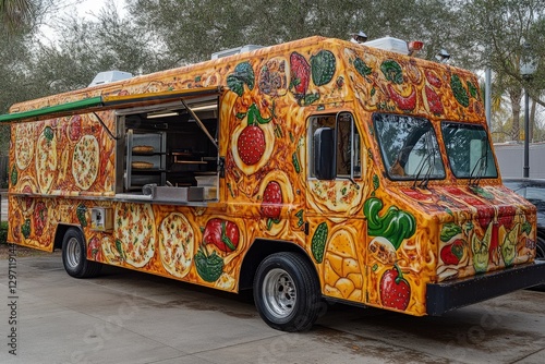 Colorful pizza food truck serving delicious italian food, parked and ready to serve hungry customers