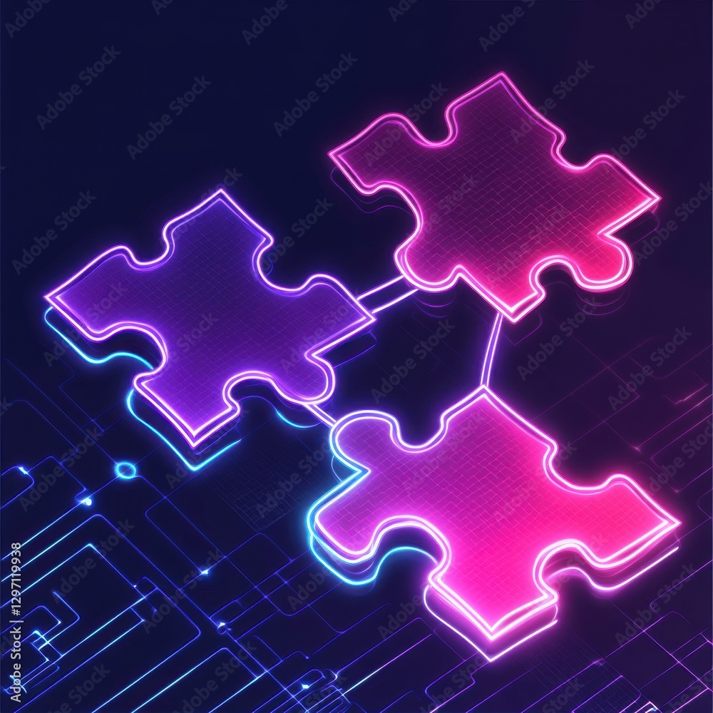 Three neon puzzle pieces in vibrant colors, connected against a dark, tech-inspired background. Three neon puzzle pieces in vibrant colors, connected against a dark, tech-inspired background.