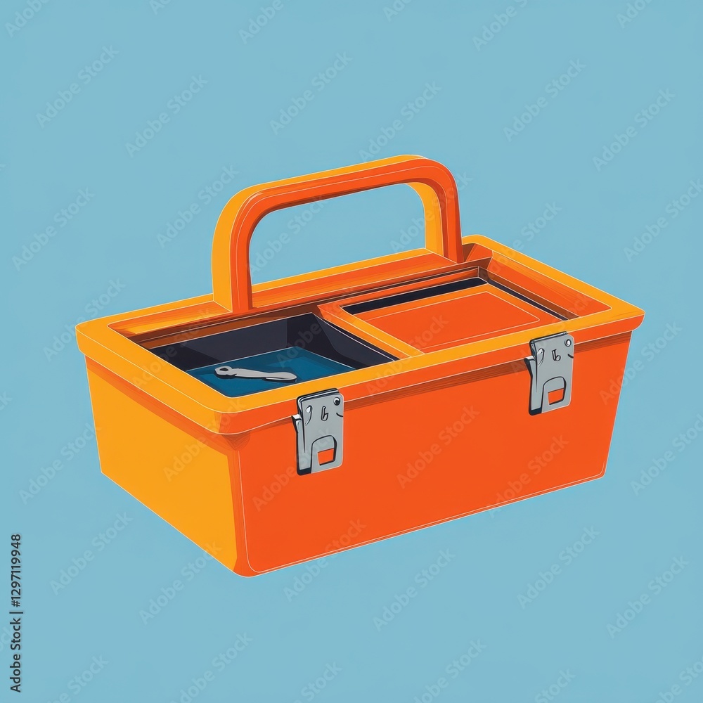 An orange toolbox with a handle, featuring compartments for tools and accessories, set against a light blue background.