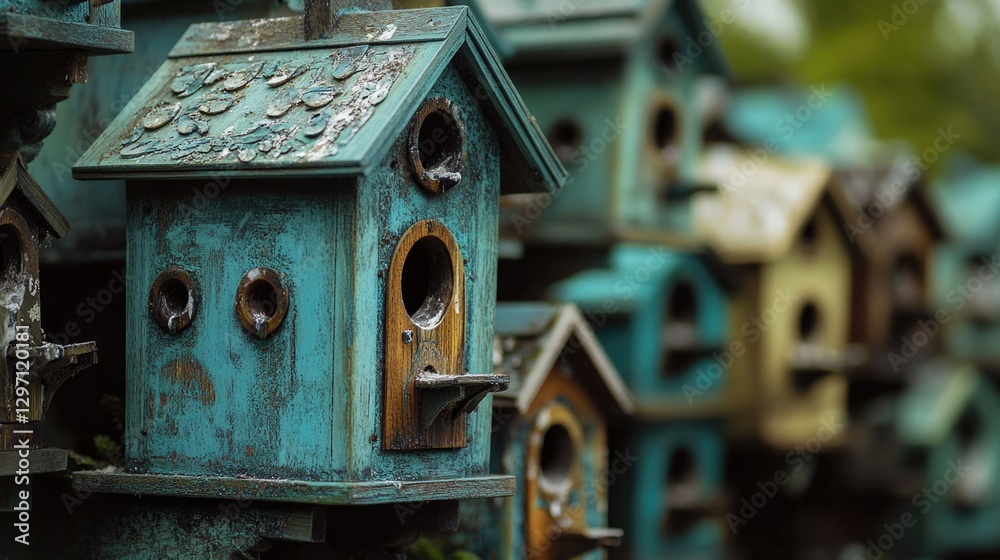 A collection of birdhouses situated together, ideal for use in outdoor scenes, such as nature documentaries or still-life photography A collection of birdhouses situated together, ideal for use in outdoor scenes, such as nature documentaries or still-life photography