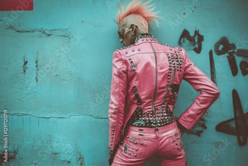 Stylish punk rocker wearing pink studded clothing and sunglasses, posing against a graffiti wall