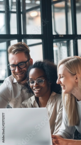 smiling diverse coworkers collaborating on laptop in modern office setting with upbeat atmosphere concept of corporate success, teamwork marketing