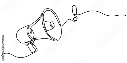 Continuous single line sketch drawing of megaphone exclamation mark attention warning sign one line vector illustration, Megaphone Continuous Line Icon, Megaphone Continuous Line Icon.