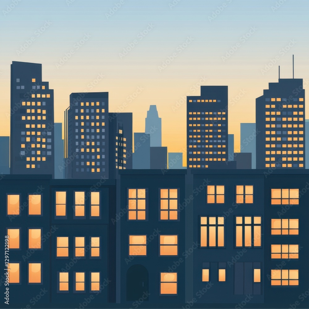 Silhouette of a city skyline at sunset, showcasing illuminated windows and a range of building shapes. Silhouette of a city skyline at sunset, showcasing illuminated windows and a range of building shapes.
