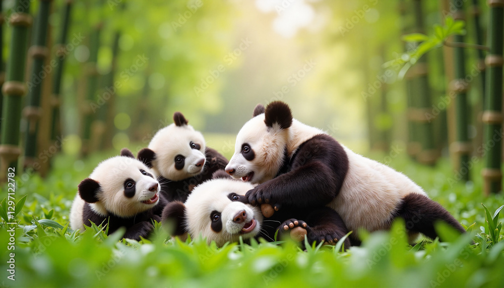 Panda cubs playing in a bamboo forest Panda cubs playing in a bamboo forest
