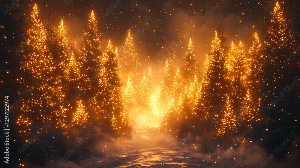 Naklejka premium Illuminated Winter Forest Path Glowing Trees Night Scene