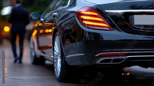 Business elite arrives at high-profile networking event in a sleek black luxury car late in the evening