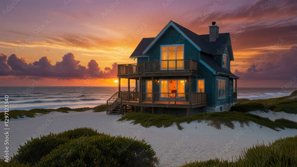 Fototapeta premium Serene Beach House With Ocean Waves And A Vibrant Sunset In The Background
