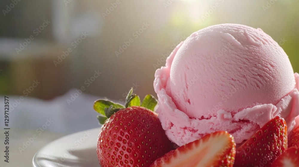 Φωτογραφία Strawberry Ice Cream Bliss: A scoop of luscious pink strawberry ice cream sits alongside fresh, ripe strawberries on a pristine plate