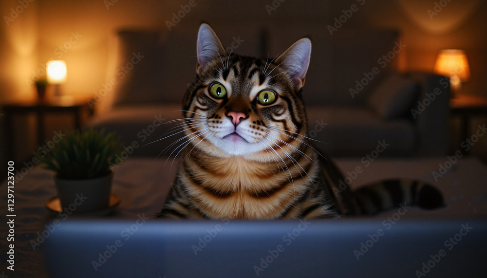 Cat with wide eyes watching computer screen in cozy room Cat with wide eyes watching computer screen in cozy room