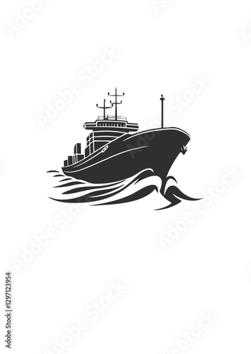 Cargo ship illustration, maritime transportation concept, black and white vector graphic, import-export