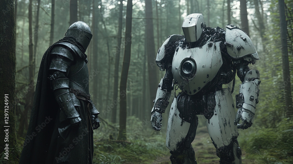 A medieval knight encountering a futuristic robot in a forest, blending historical and sci-fi elements, realistic photo A medieval knight encountering a futuristic robot in a forest, blending historical and sci-fi elements, realistic photo