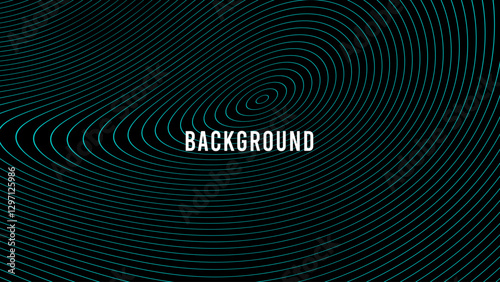 Black abstract background with teal outline circles, wavy lines and gradient transition, dynamic swirl shape.