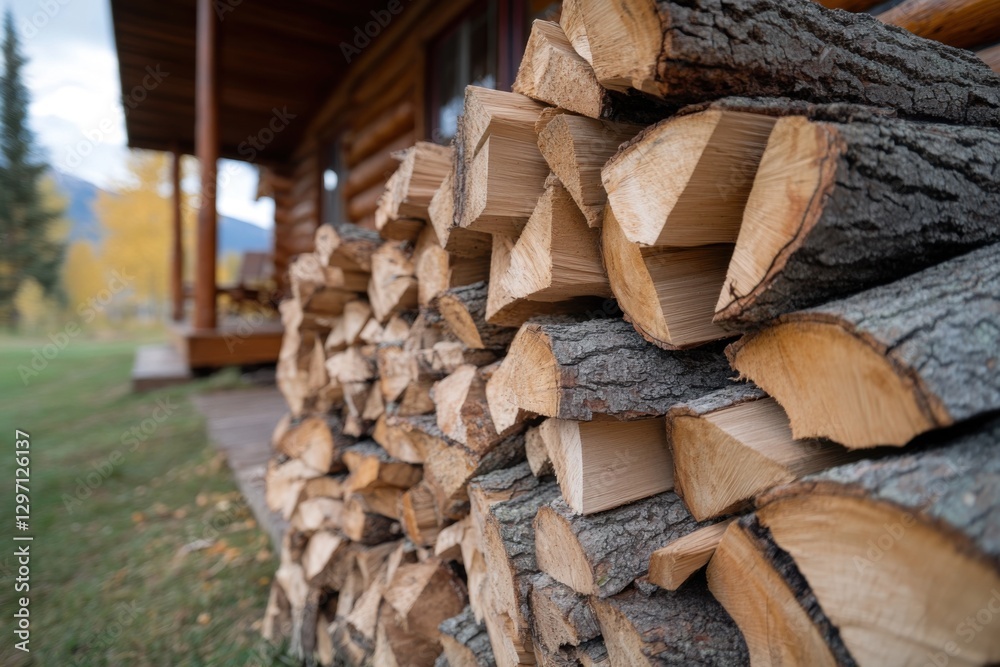 Stacked firewood against a rustic cabin, inviting cozy nights under the autumn sky surrounded by nature's beauty Stacked firewood against a rustic cabin, inviting cozy nights under the autumn sky surrounded by nature's beauty