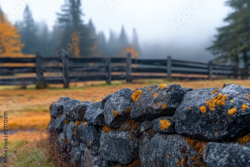 Moss-covered stone wall embraces nature's artistry amid morning mist in a tranquil landscape photo