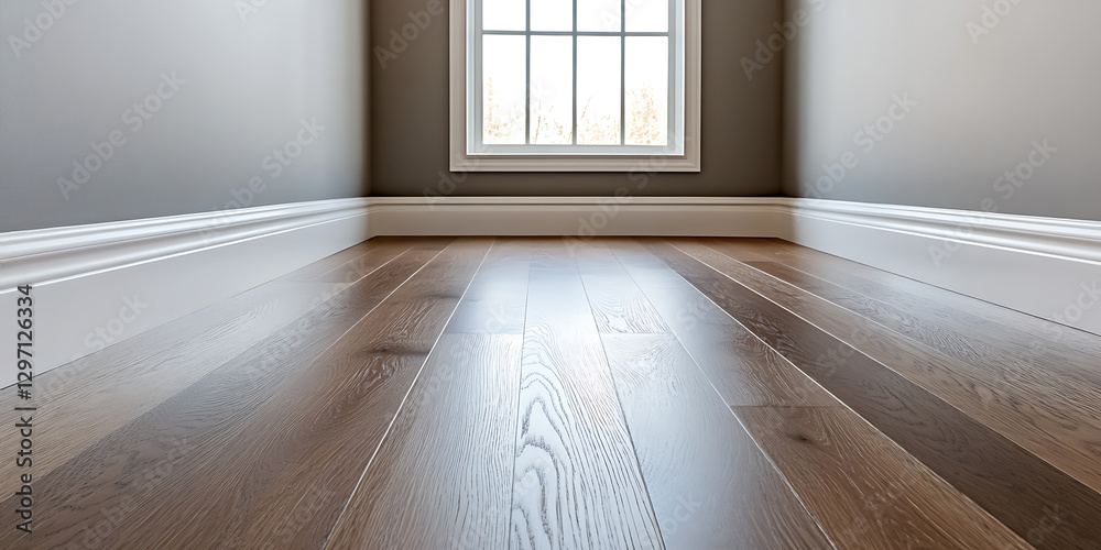 Obraz premium A low-angle view of a hardwood floor with a white trim, set against walls painted in neutral colors, and a window letting in natural light.