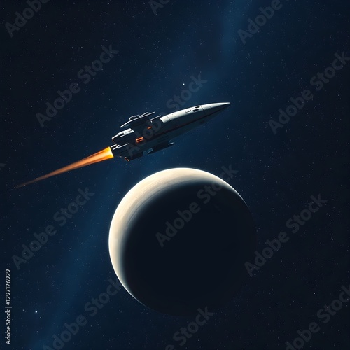 Spaceship flying around the planet