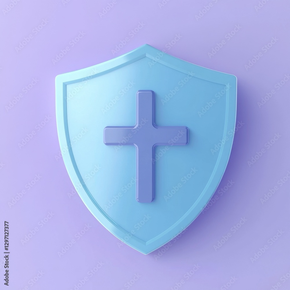 Fototapeta premium A modern blue shield with a cross symbol, set against a soft purple background, symbolizing protection and faith.
