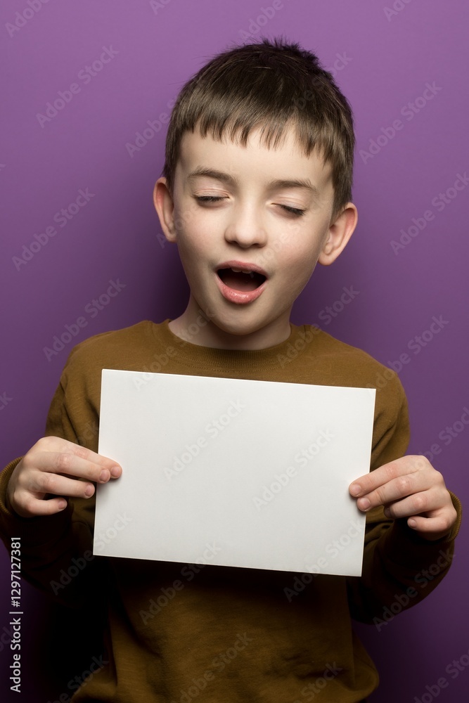 Excited young boy in a brown sweater holding a blank sign with a joyful expression against a purple background, perfect for childhood, announcement, and creativity themes. Excited young boy in a brown sweater holding a blank sign with a joyful expression against a purple background, perfect for childhood, announcement, and creativity themes.