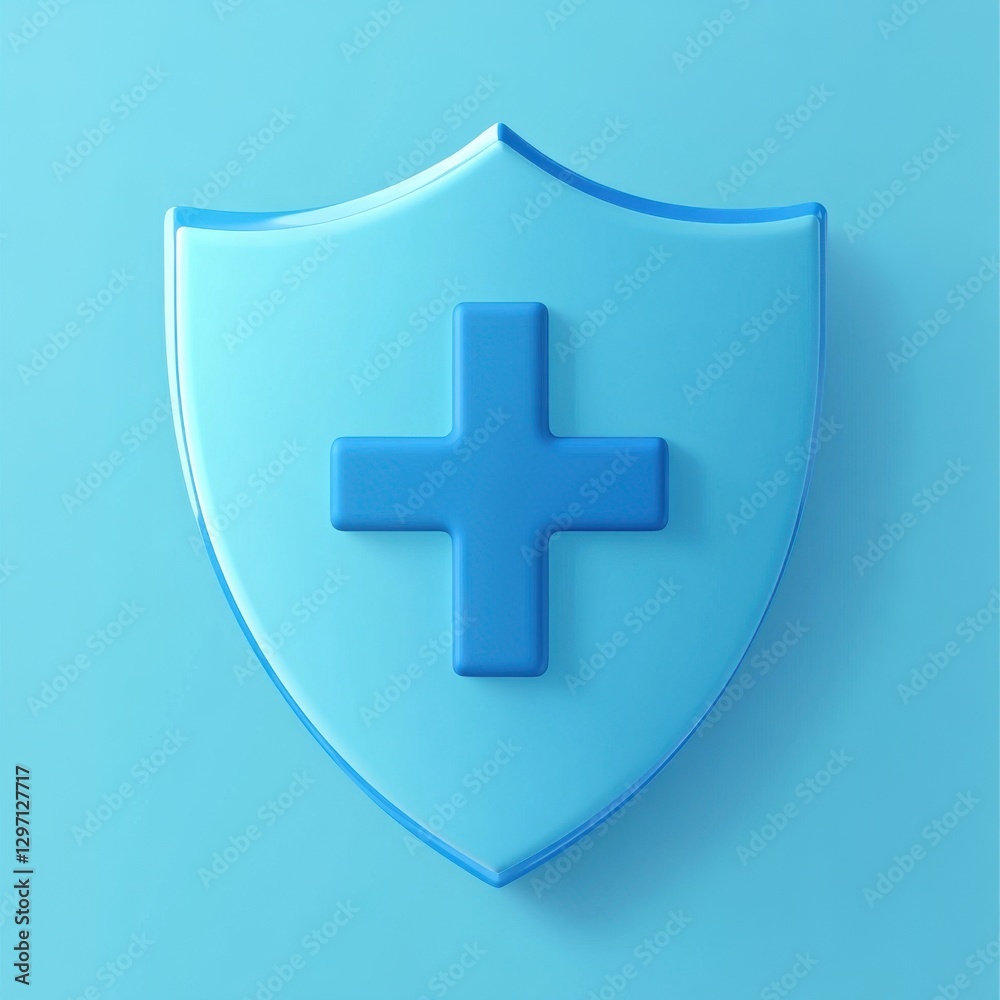Fototapeta premium A modern blue shield with a medical cross symbol, representing healthcare protection.