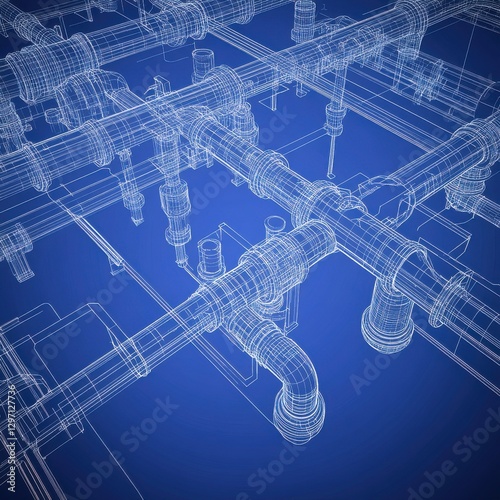 Wallpaper Mural Abstract 3D wireframe illustration of industrial piping system, showcasing complex connections and structures. Torontodigital.ca