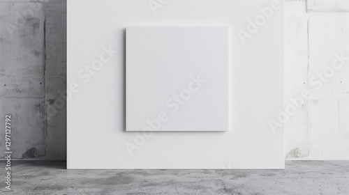 white square canvas mockup for artists hanging on the white wall with concrete floor