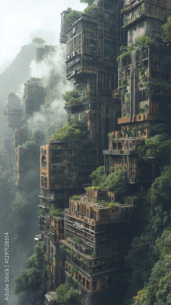 Obraz premium Post-Apocalyptic Vertical City in the Jungle – Futuristic Ruins Concept