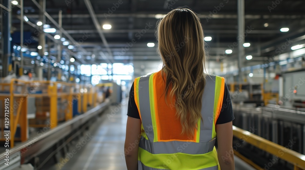 Production manager in safety vest oversees efficient operations in modern factory environment Production manager in safety vest oversees efficient operations in modern factory environment