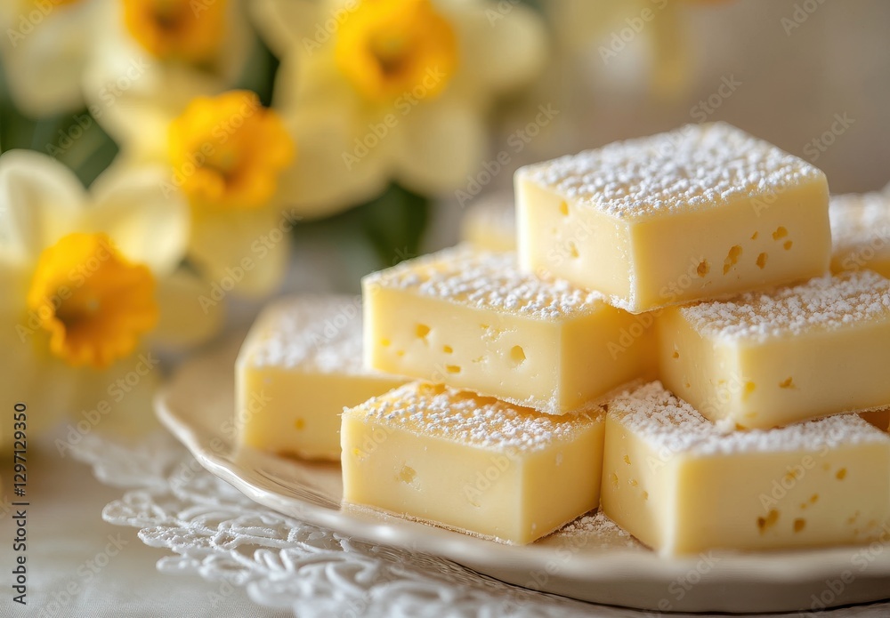 Delicate squares of creamy lemon fudge arranged on a decorative plate with a blurred background of fresh spring flowers and soft natural light Delicate squares of creamy lemon fudge arranged on a decorative plate with a blurred background of fresh spring flowers and soft natural light