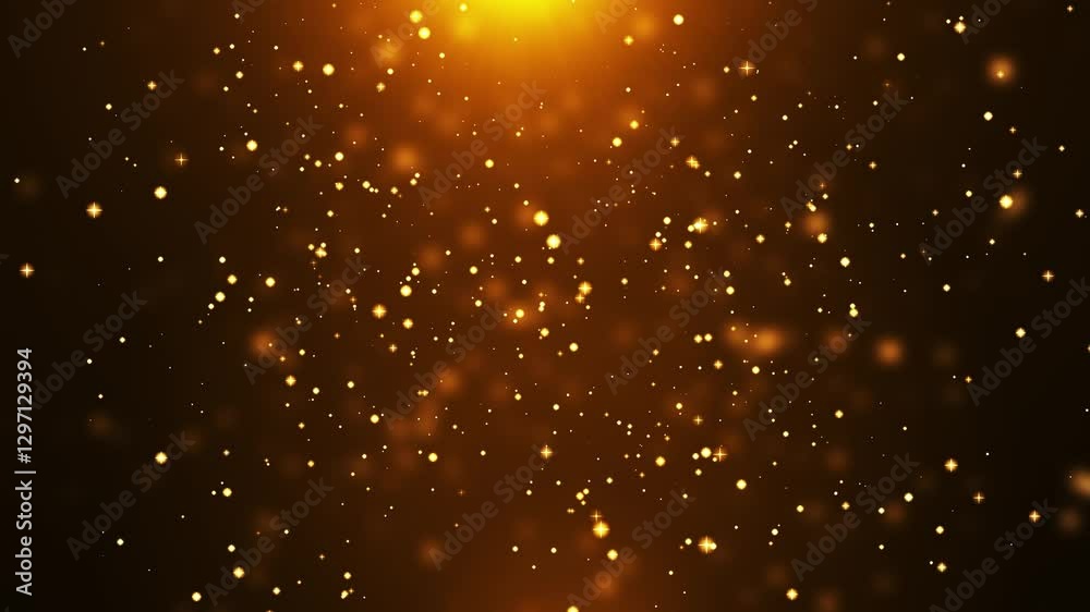 Abstract animation concept of golden particles for celebrating birthdays and holidays. 4k loop bokeh background with light particles and stars rising up on a dark background. Animation footage 
