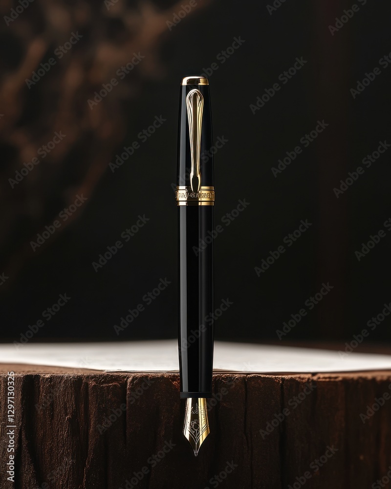 Naklejka premium Elegant black fountain pen poised on a wooden surface, highlighting its sophisticated design and luxurious materials.