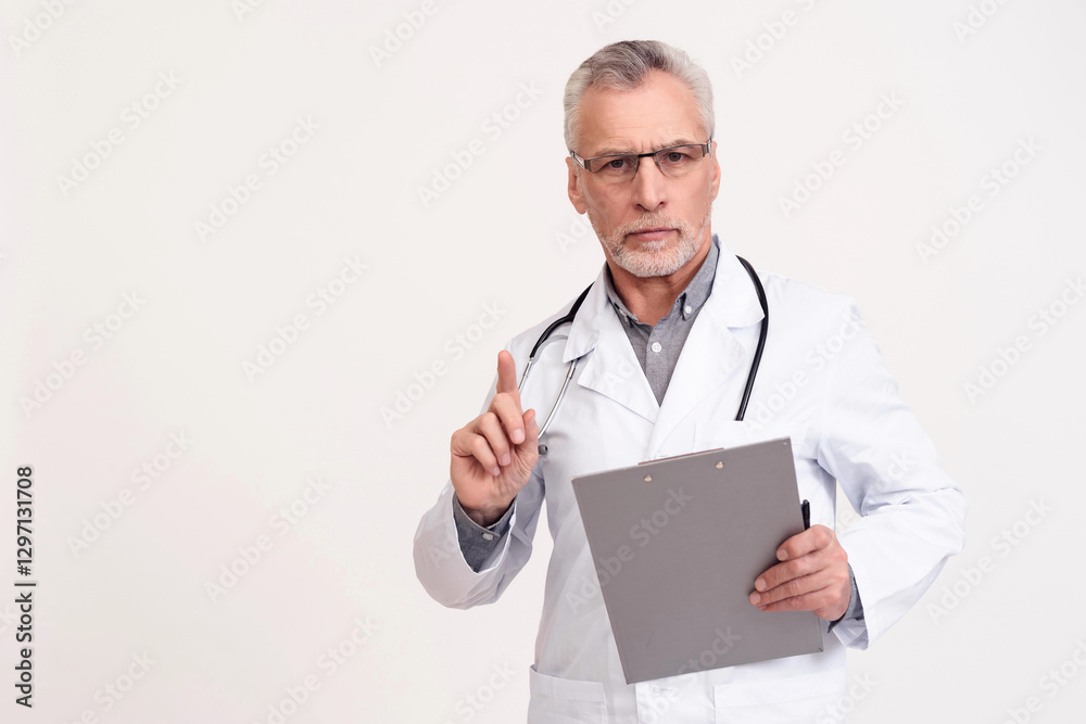 Portrait of serious doctor with stethoscope and clipboard isolated. Portrait of serious doctor with stethoscope and clipboard isolated.