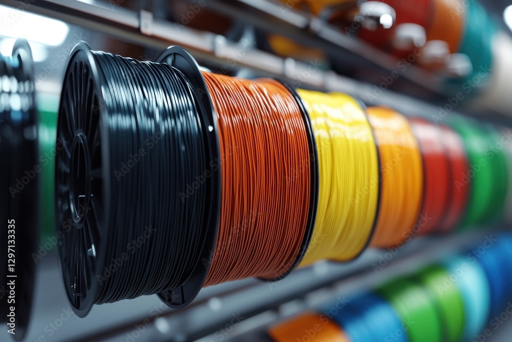 Obraz premium Colorful spools of filament in a 3D printing workshop showcasing vibrant hues and textures.