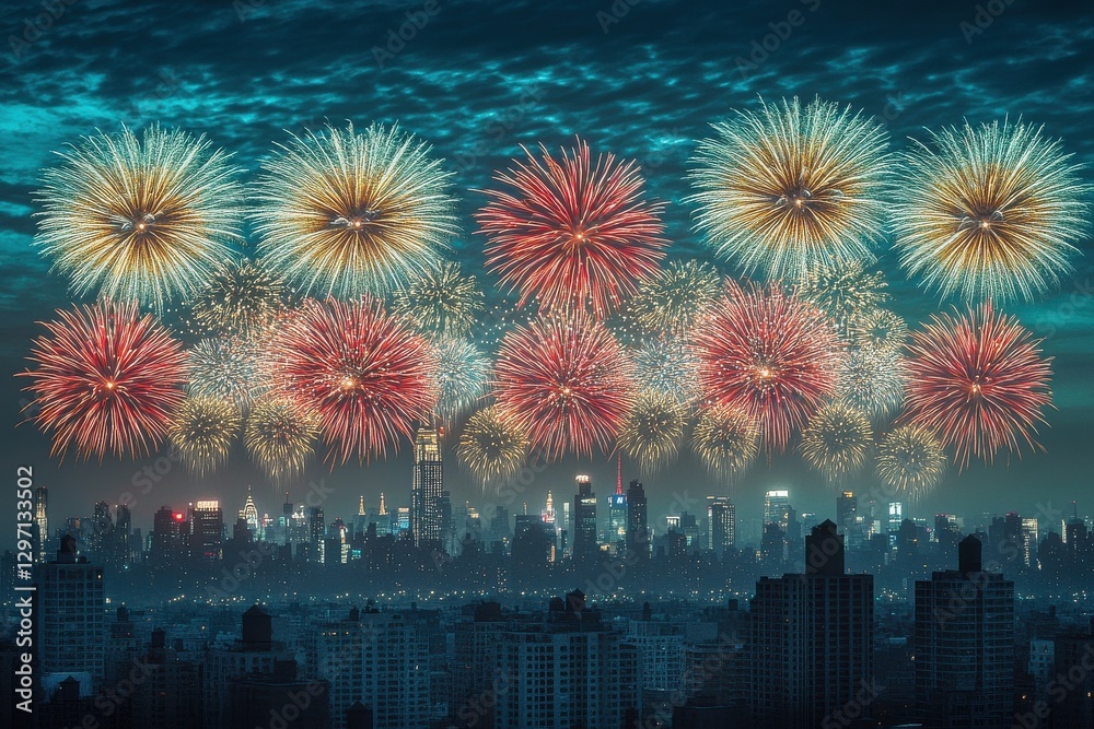 Obraz premium Colorful fireworks illuminate the night sky over a city skyline, creating a festive atmosphere.