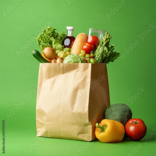 Fresh Produce in a Brown Paper Bag: A Colorful and Healthy Food Haul on a Vibrant Green Background