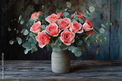 A stunning bouquet of pink roses arranged in a rustic vase on a wooden table, creating a warm and inviting atmosphere.
