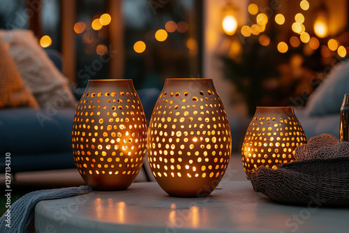 Garden candles lit on a pat...